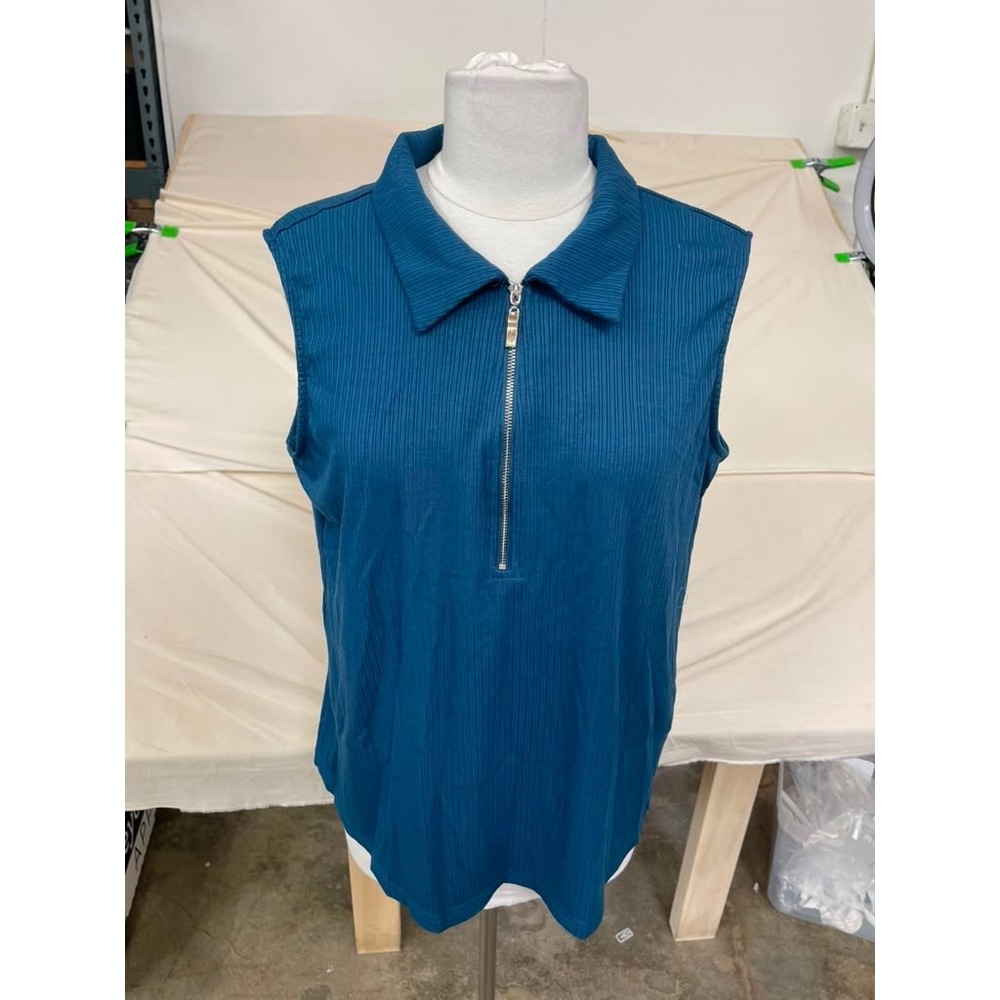 Vivilli Womens Teal Blue Ribbed Sleeveless Polo Shirt Quarter Zip Golf Top Large